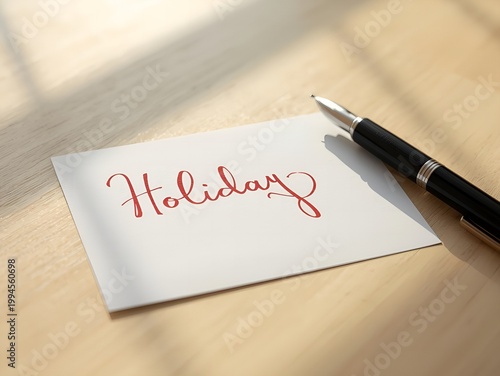 Handwritten holiday card with red ink pen on white paper in soft sunlight