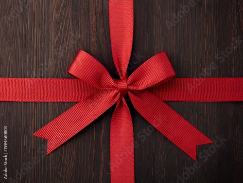 Elegant red satin gift bow knot on dark wooden background for festive decoration