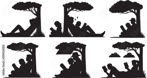 Silhouettes of people reading books under trees, enjoying quiet moments of learning and relaxation.