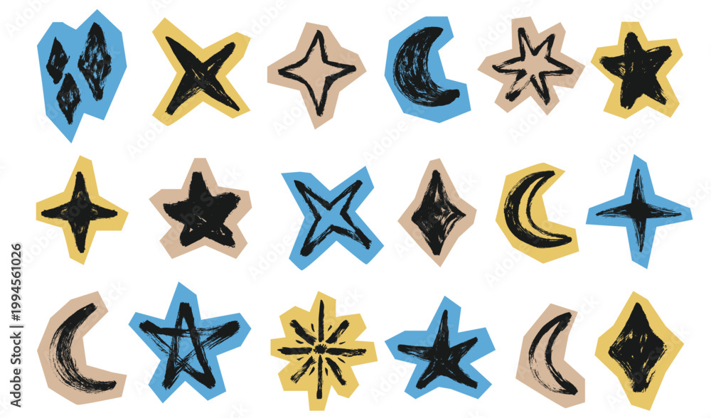 Obraz premium Grunge Scrapbook Stars and Moon Set. Doodle collage brush stroke sparkles set. Chalk textured stars and moon stickers set. Paper cut vector collection