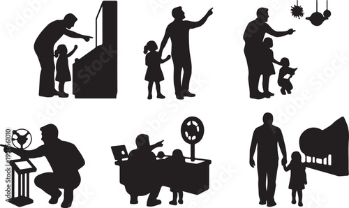 Silhouettes of father and child exploring exhibits in a museum or science center, pointing.