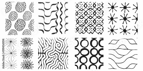 Collection of hand drawn black and white patterned sketches arranged in a grid