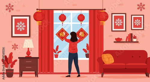 Woman Decorating Home for Chinese New Year Celebration Illustration