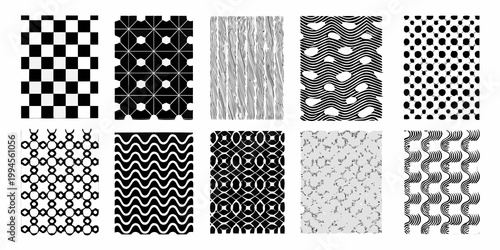 Collection of nine black and white geometric pattern swatches arranged in rows