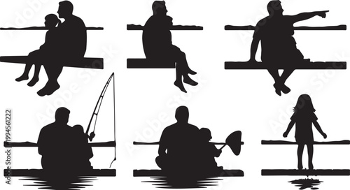 Silhouettes of families enjoying outdoor activities like fishing and sitting on a pier.
