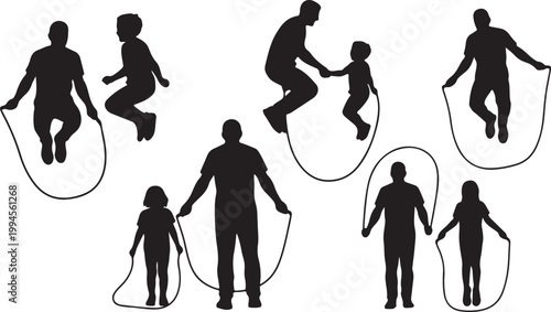 Father and daughter silhouettes jumping rope together, enjoying outdoor activity and bonding