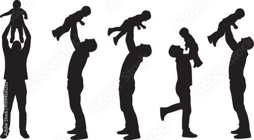 Silhouettes of fathers lifting and playing with their babies, showing love and joy.