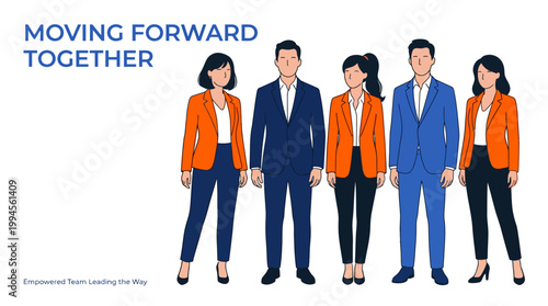 Diverse group of professionals in business attire collaborating in a modern office, moving forward together toward growth and success