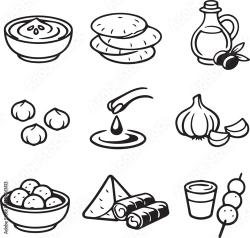 Hummus Food Icon Set Outline Style Minimal Black Line Middle Eastern Cuisine Elements