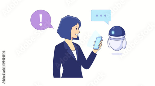 Professional businesswoman using a smartphone with AI assistant and chatbot for customer service and digital workplace collaboration