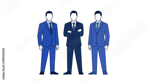 Three business professionals in blue suits stand together, illustrating teamwork and leadership in a corporate setting