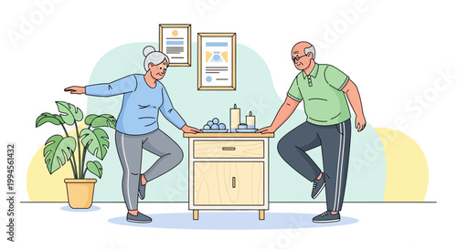 Senior Couple Practicing Balance Exercises and Fitness at Home