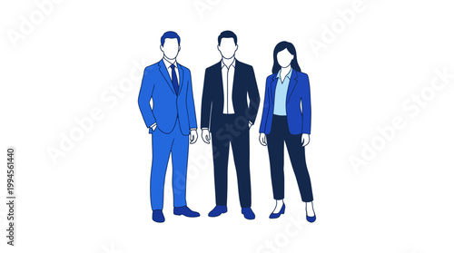 Three business professionals posing together in formal attire, corporate team portrait