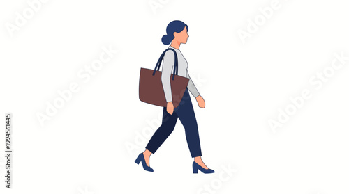 Illustration of a professional businesswoman walking with a brown shoulder bag in stylish office attire.