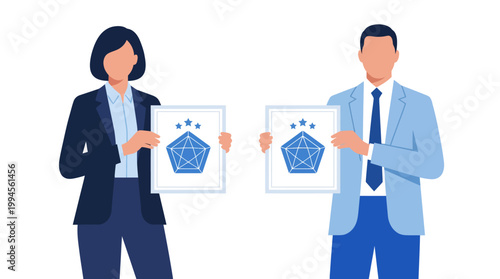 Business professionals present a data-driven honeycomb infographic for collaboration and strategic planning.