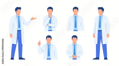 Multiple poses of a professional male doctor in a lab coat, illustrating medical science, healthcare, and education concepts