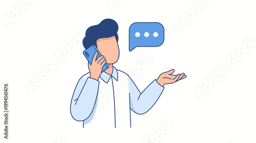 Illustration of a businessperson talking on a smartphone with a speech bubble, symbolizing professional communication, customer support, and modern business service