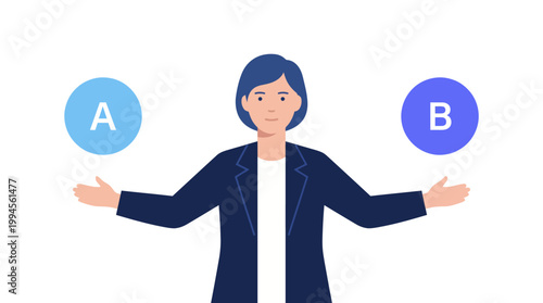 Professional female presenter illustrating A vs B choice to convey decision making and leadership in a business setting