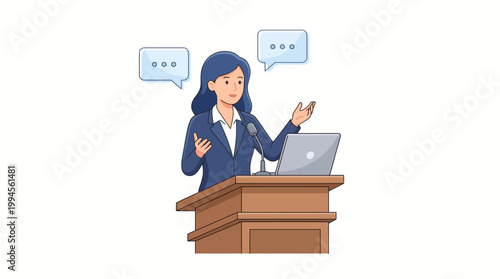 Illustrated female presenter at a wooden podium with laptop delivering a conference speech