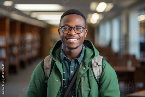 A smiling young African student in a library with books on him holding a backpack publication photography portrait.