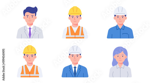 Six diverse professionals in workplace roles: business leaders, construction workers with safety gear, and office staff in uniforms and hard hats.