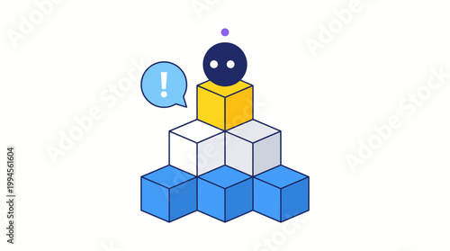 Flat vector illustration of a blue robot on a stack of blue and white cubes with a yellow top cube and a speech bubble