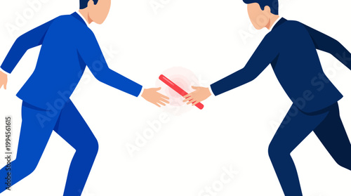 Two suited businessmen exchange a red token between them, symbolizing partnership, collaboration, and a business deal.