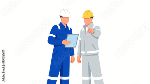 Two construction workers in safety gear review project plans on a construction site with a clipboard