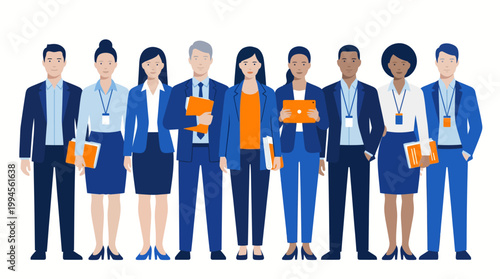 Diverse group of business professionals standing together with orange folders, representing teamwork and corporate collaboration.