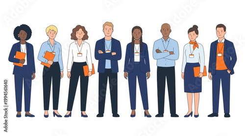 Diverse group of professionals standing together in a modern office to depict teamwork, collaboration, and workplace diversity.