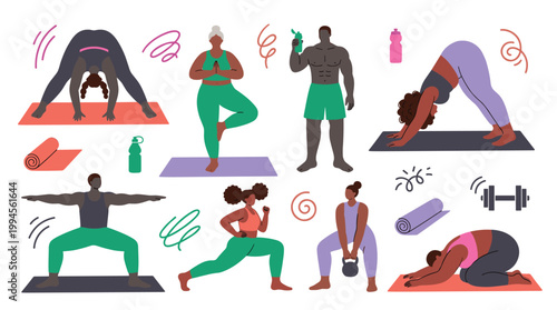Diverse group of people practicing yoga and fitness exercises promoting healthy lifestyle and wellness