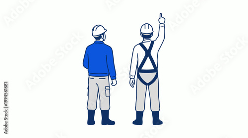 Two construction workers on site wearing PPE, one in a safety harness, illustrating teamwork and fall protection.