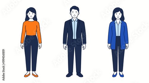 Three professionals stand together in business attire—a man in a suit and two women—in a modern vector illustration showcasing teamwork and workplace diversity.