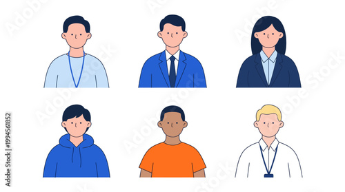 Six diverse professional avatars in a group portrait: businesspeople, students, and a doctor in a modern cartoon illustration