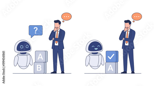Businessman guiding a friendly robot from questions to answers in a collaborative AI learning scene.