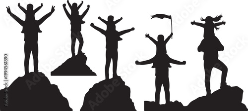 Silhouettes of parents and children celebrating success on mountain peaks, symbolizing achievement.