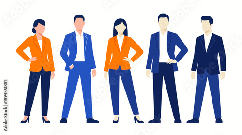 Group of five professionals in business attire posing together, a diverse corporate team ready for collaboration