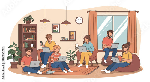 People Working on Laptops in Cozy Coworking Space Illustration