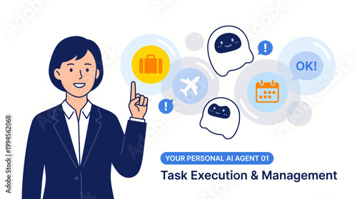 Business professional in a suit presenting task escalation and management concepts with a personal agent illustration