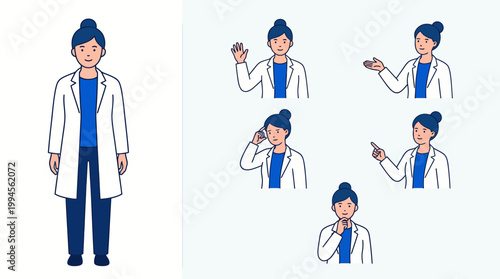 Friendly male doctor in a white lab coat with stethoscope, illustrated character with multiple poses for medical, healthcare, and clinical scenes
