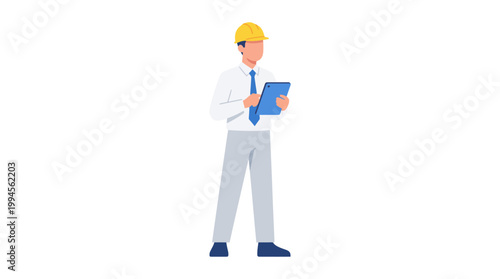 Cartoon construction worker wearing a yellow hard hat and safety gear, holding a clipboard for site inspection and project planning