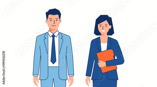 Two professionals in business attire, a man in a blue suit and a woman holding an orange folder, standing together in a modern corporate setting