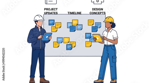 Two professionals in hard hats collaborate on a project planning board with sticky notes showing updates, timeline, and design concepts