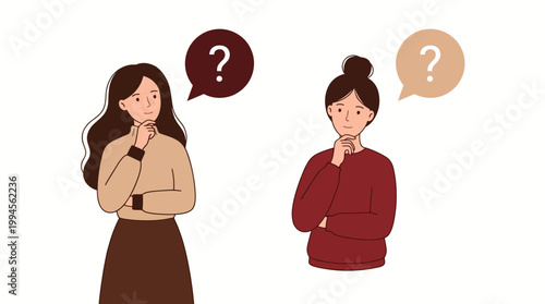 Two women in a thoughtful discussion with question marks overhead, depicting confusion, curiosity and decision making
