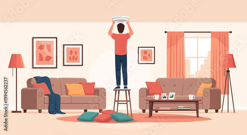 Man Installing Smoke Detector in Modern Living Room Illustration