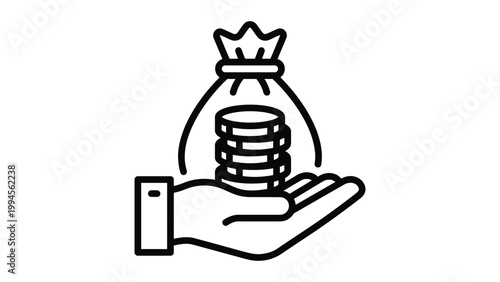 Hand holding a money bag with coins illustration line art investment business currency receiving withdrawal transaction earnings financial illustration clip art