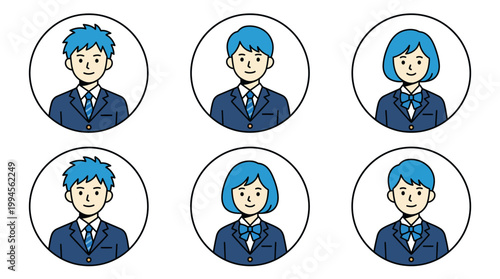 Six circular avatars of business professionals in blue suits, modern corporate character illustrations for team profiles, avatars and branding.