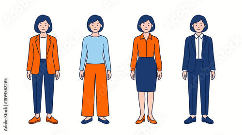 Diverse group of professionals standing together in varied business attire and outfits in a modern office vector illustration