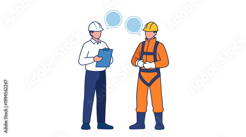 Two construction workers in safety gear review plans on a job site, highlighting teamwork, site safety, and project management.