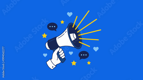 Vibrant blue banner featuring a megaphone and social icons for marketing, announcements, and digital promotion.
